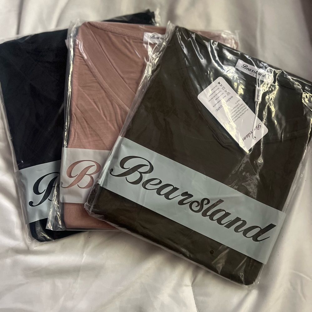 3 Bearsland Maternity Tops in green, pink and black. Size large.